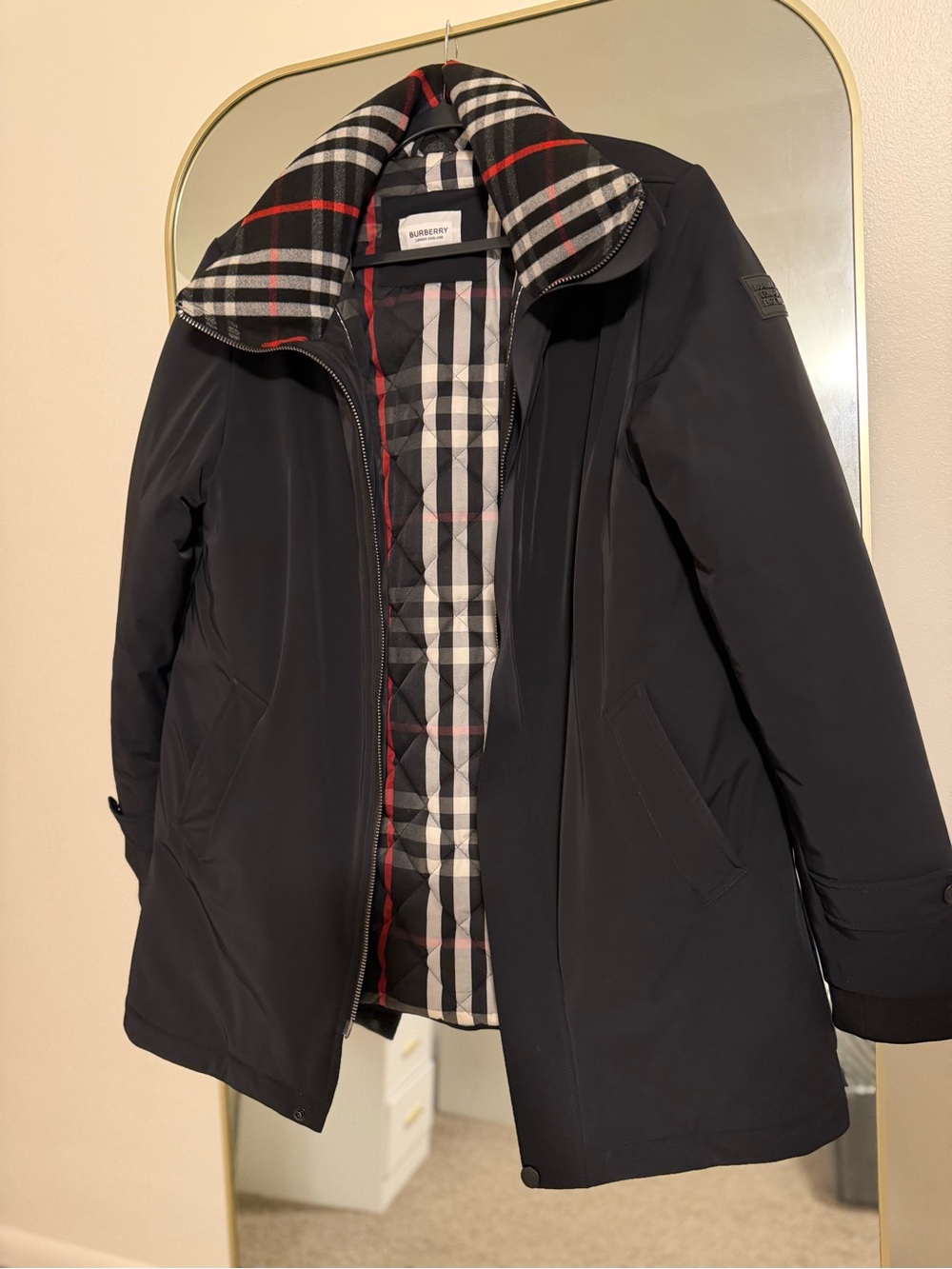 Burberry Black Coat with Black, White and Red Check Lining